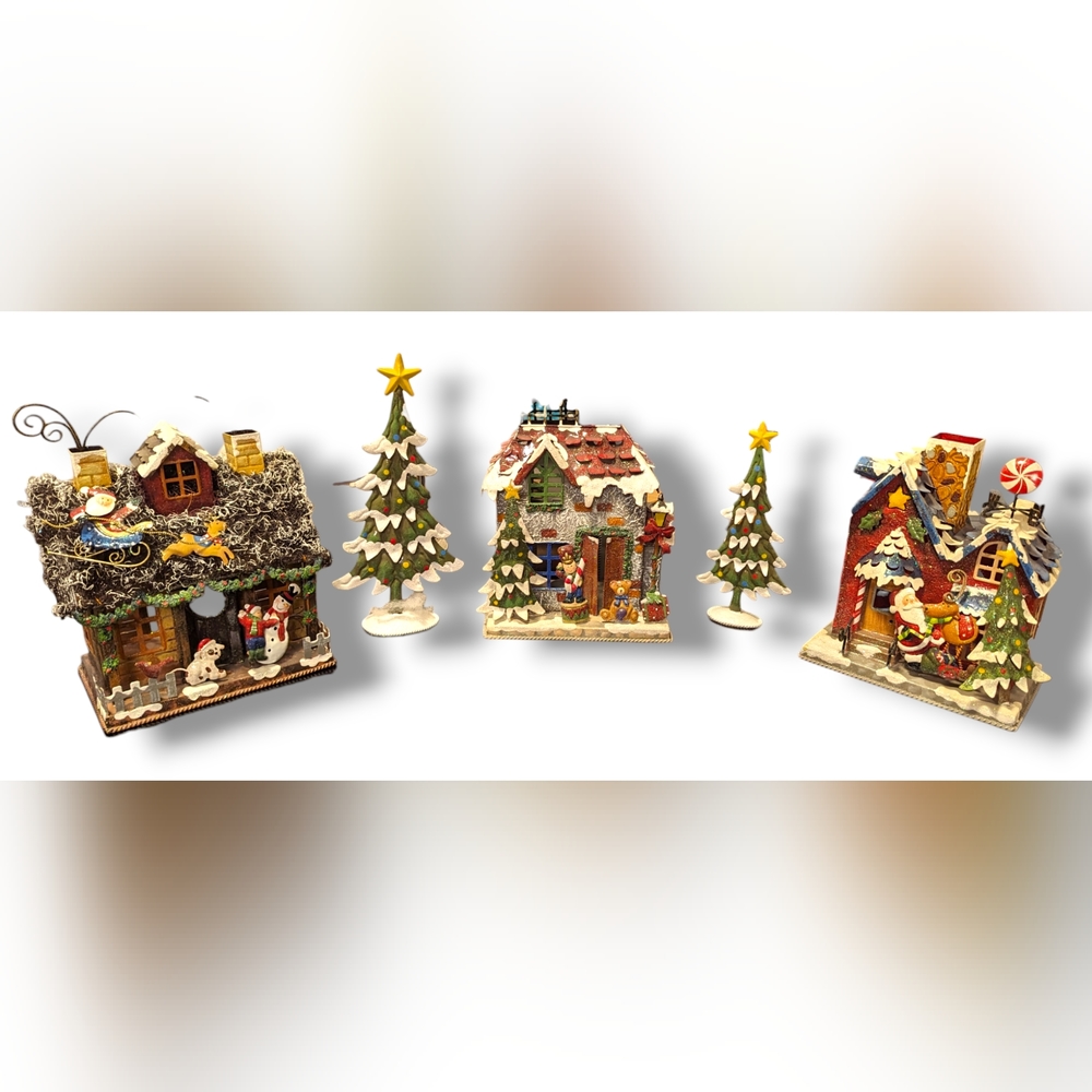 Beautiful Whimsical Glittery Metal Costco Christmas Village  3 Houses/Two Trees